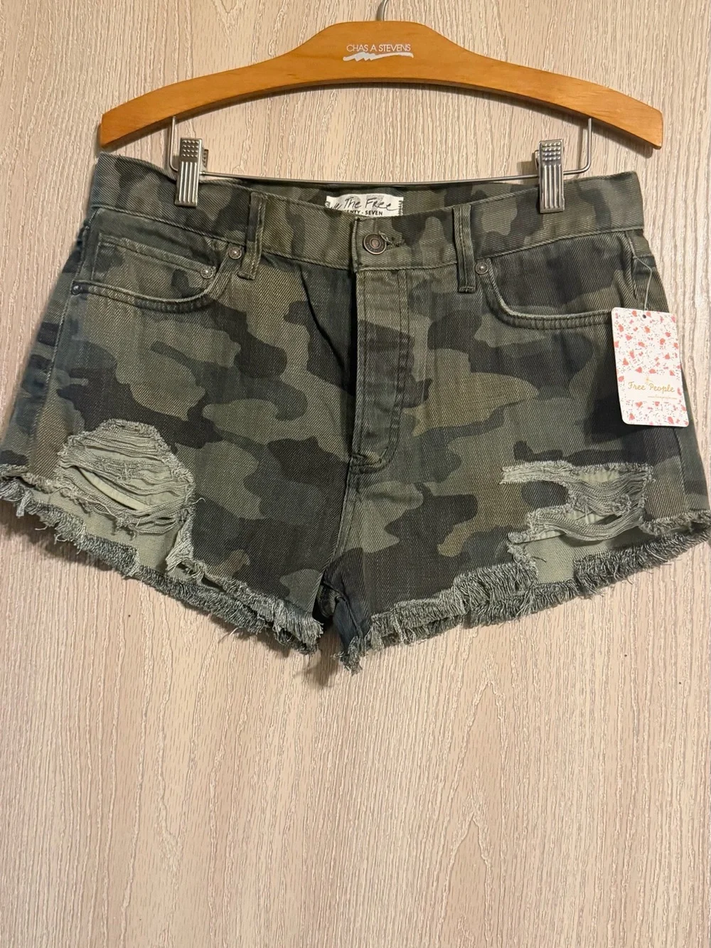 We The Free Olive Camo Distressed Denim Shorts